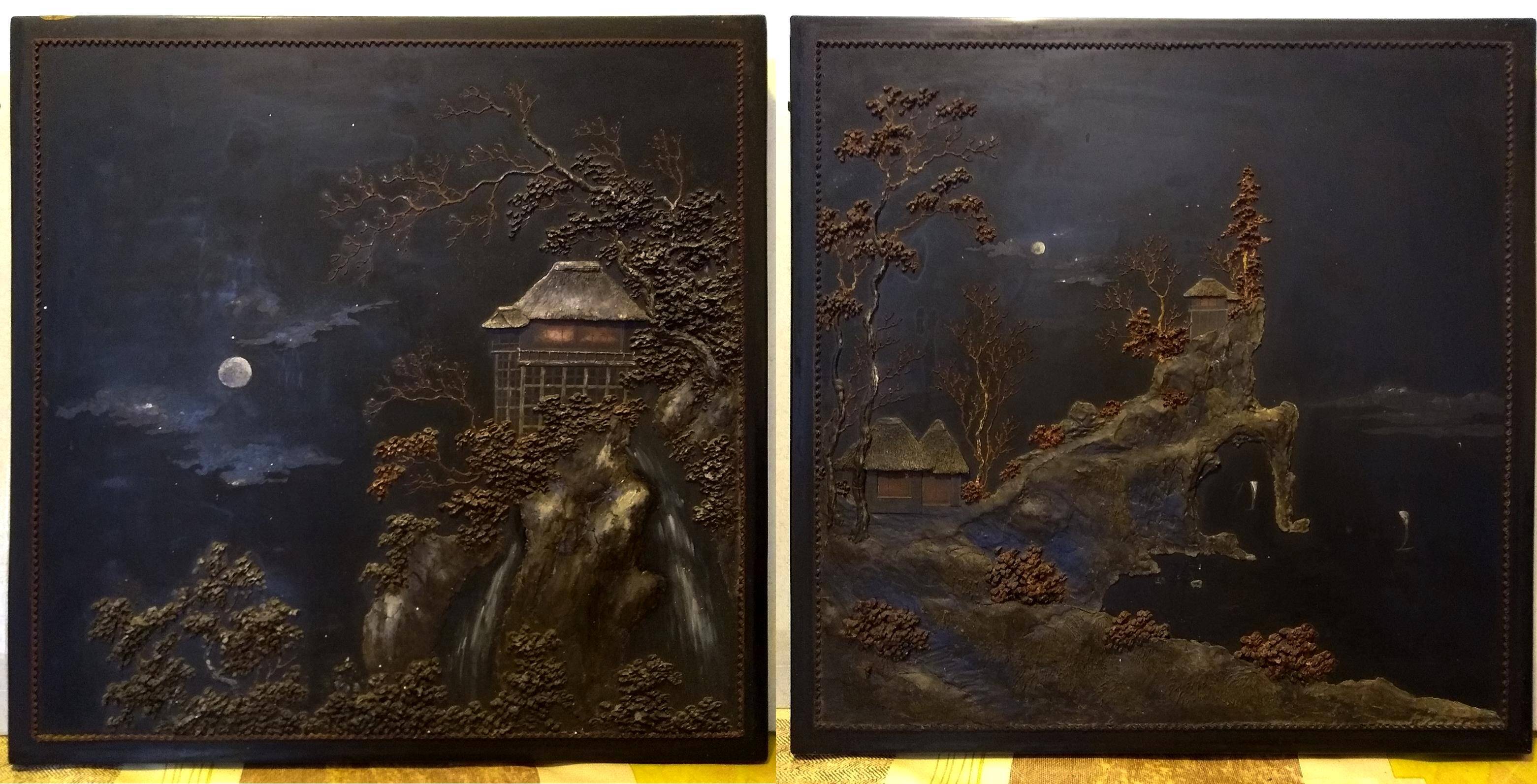 2 Asian paintings in painted wood