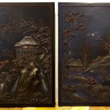 2 tableaux asiatiques en bois peint