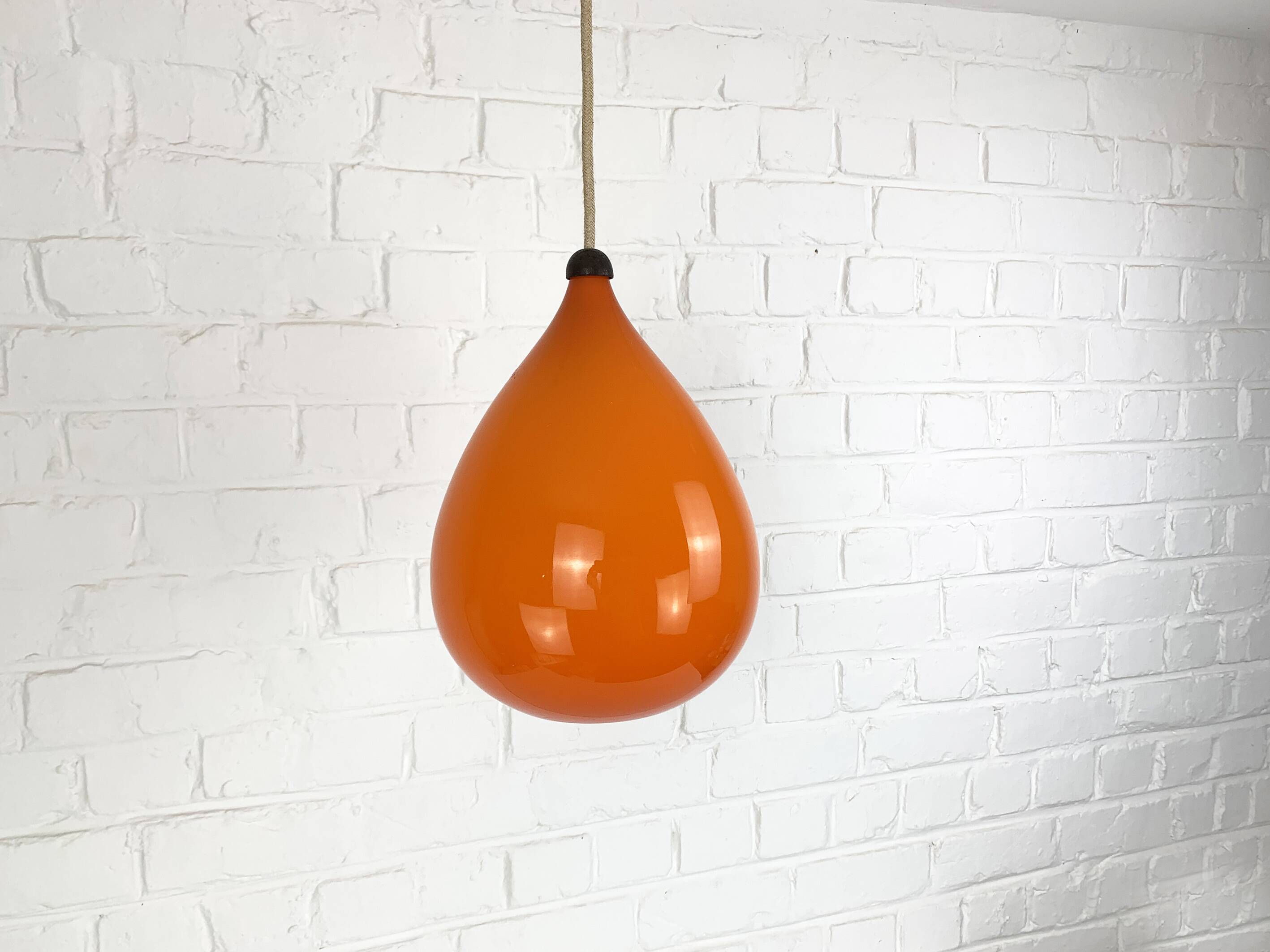 Scandinavian drop pendant light in orange, opaline and teak glass, 1960