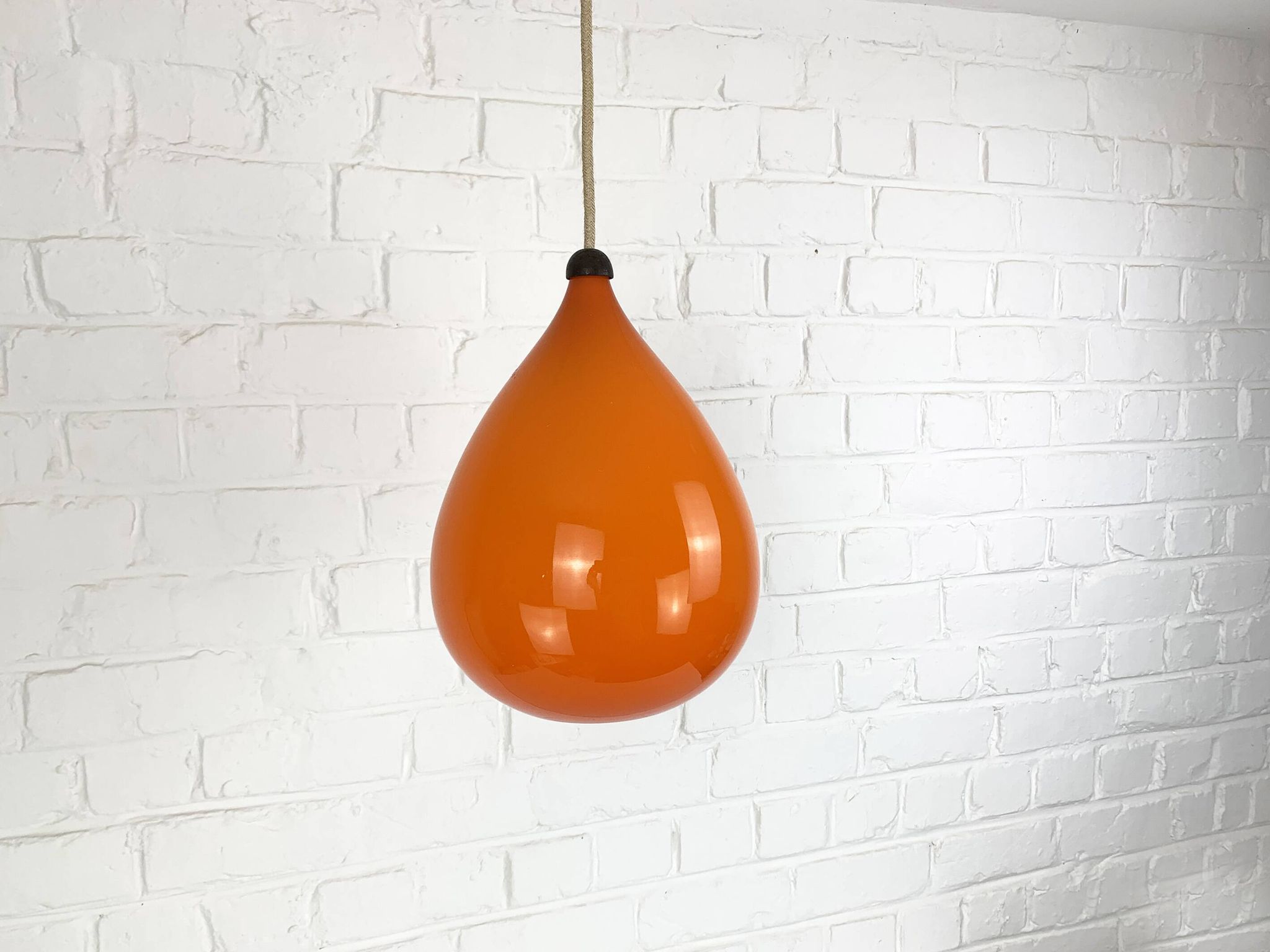 Scandinavian drop pendant light in orange, opaline and teak glass, 1960