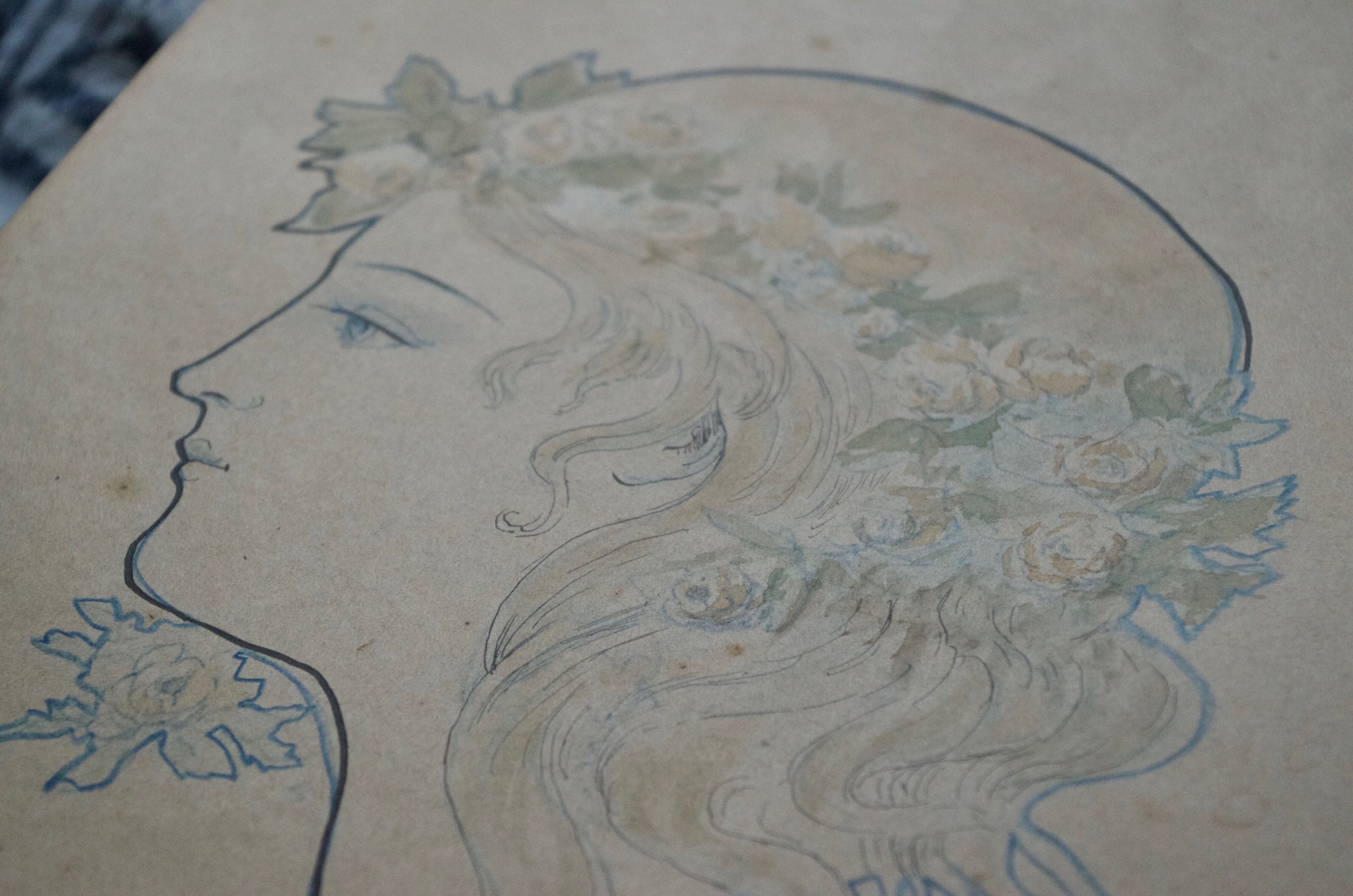 Original old drawing art nouveau portrait of a woman