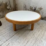 Round coffee table white ceramic and wood