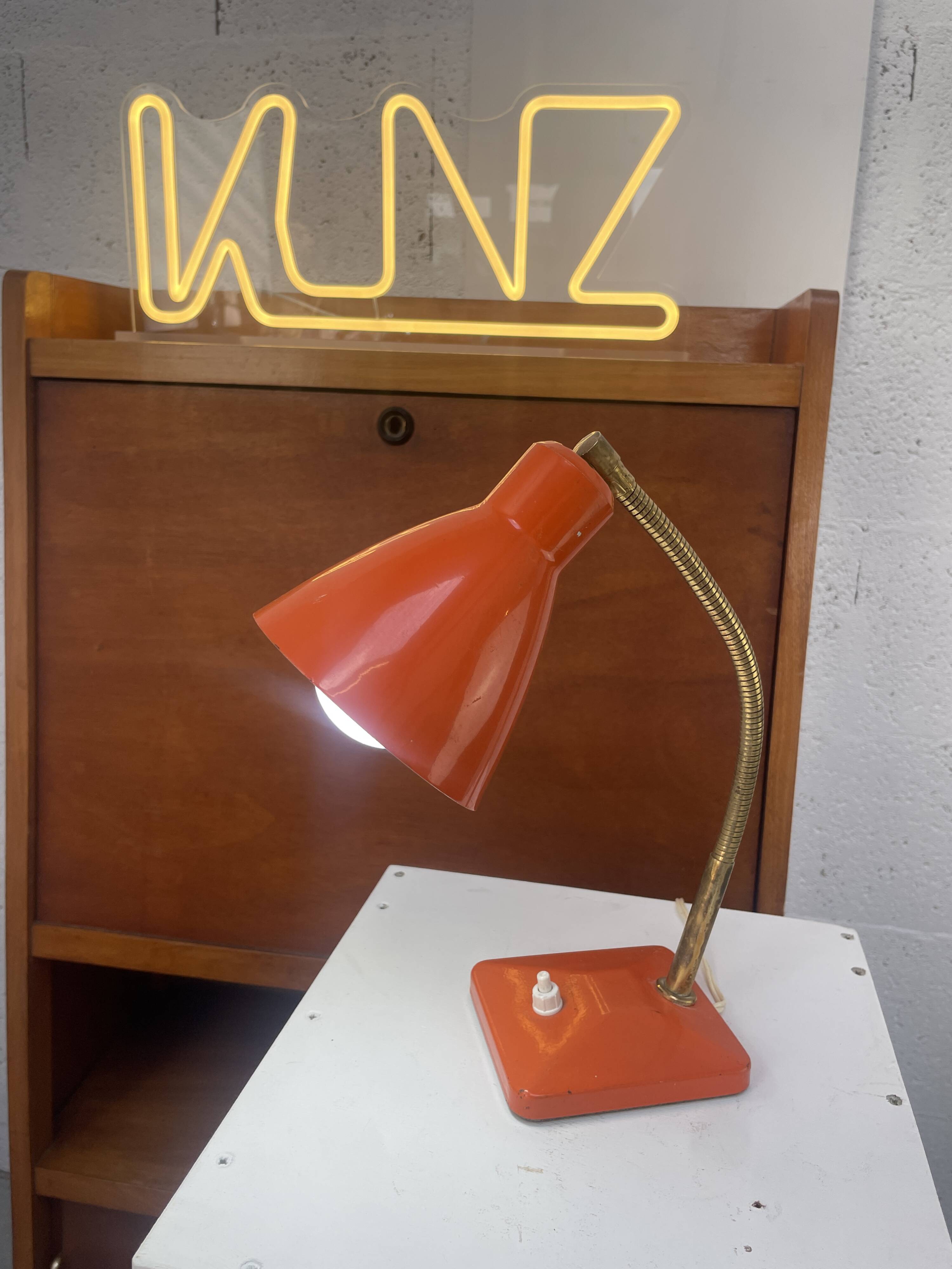 Orange gooseneck desk lamp — Aluminor, Nice, France — circa 60-70