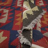 Burgundy Afghan Kilim Rug, Geometric Wool Flatweave, Handmade Tribal Carpet