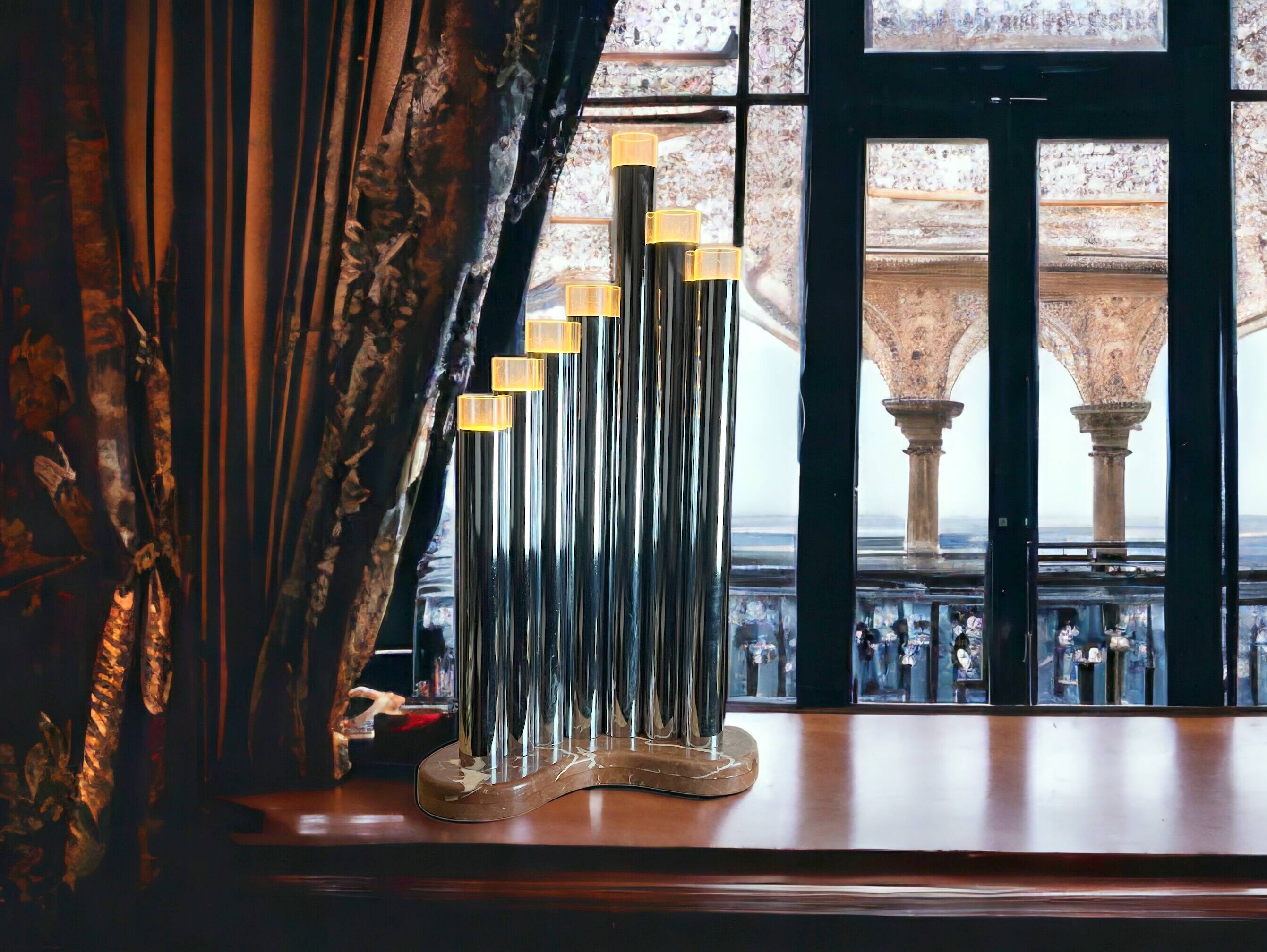 Grande lampe orgue de  sciolari des années 70 en métal chromé et marbre