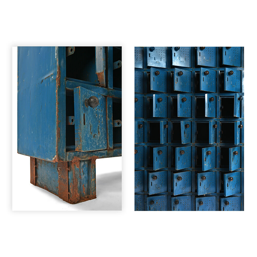 Blue metal workshop furniture with 48 bins
