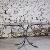 Oval dining table in chrome and smoked glass, 1970.