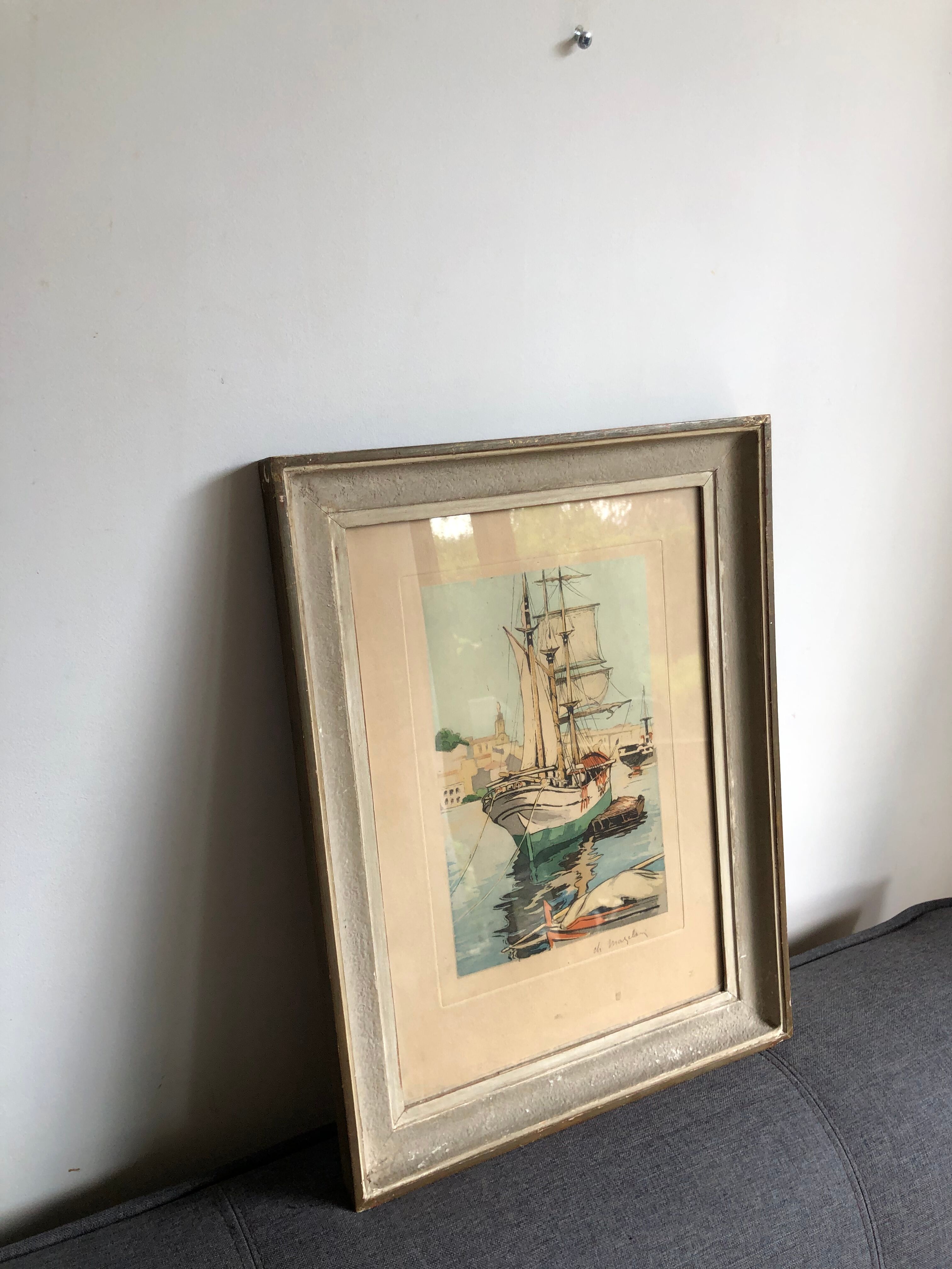 Framed engraving port landscape