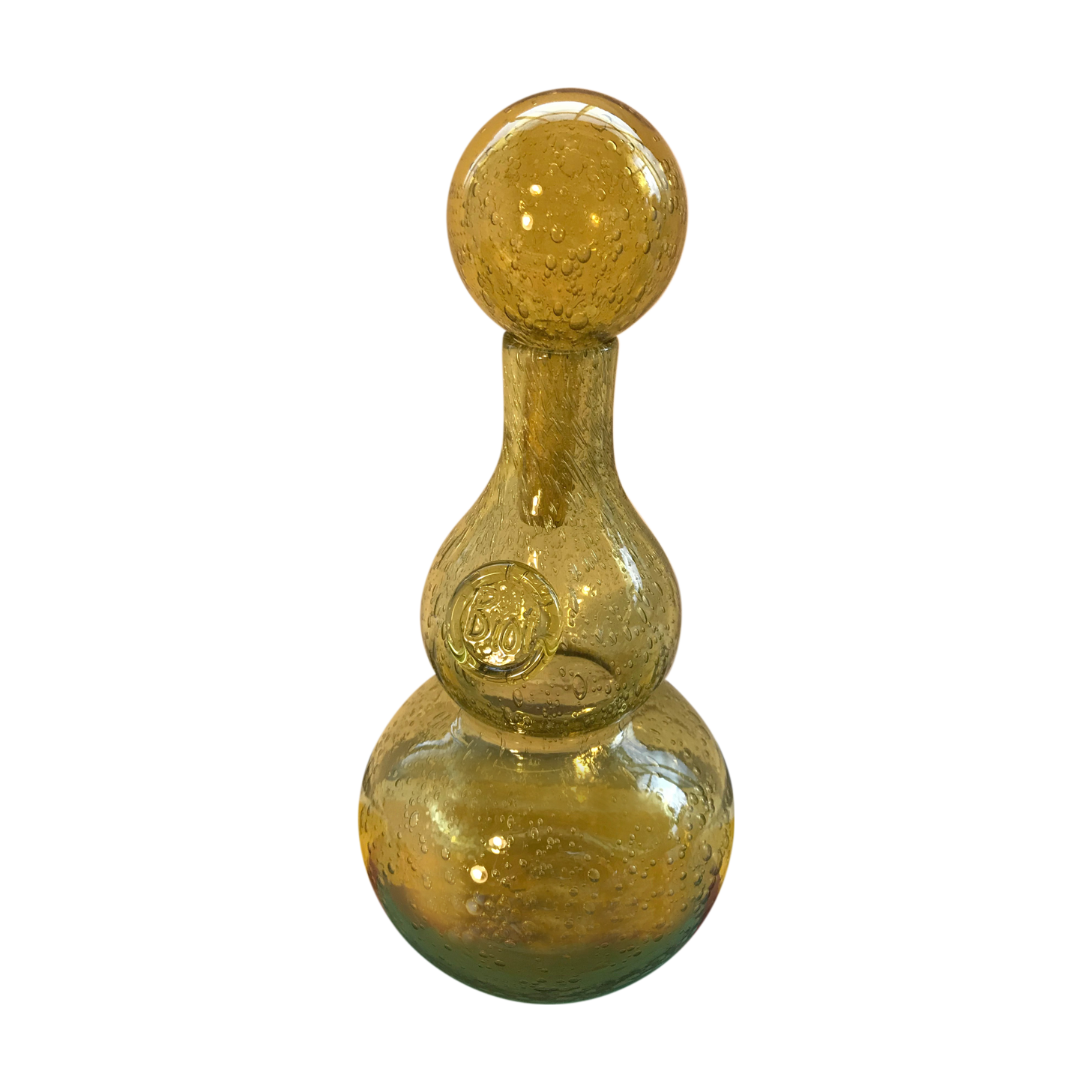 Pair Old Bottle BIOT Yellow Bullized Blown Glass - Bouchon