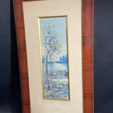 Large watercolor from the early 20th century, signed landscape of a wooded river bank