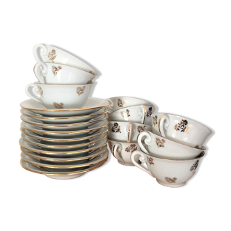 10 old coffee cups with porcelain saucers with golden flower patterns