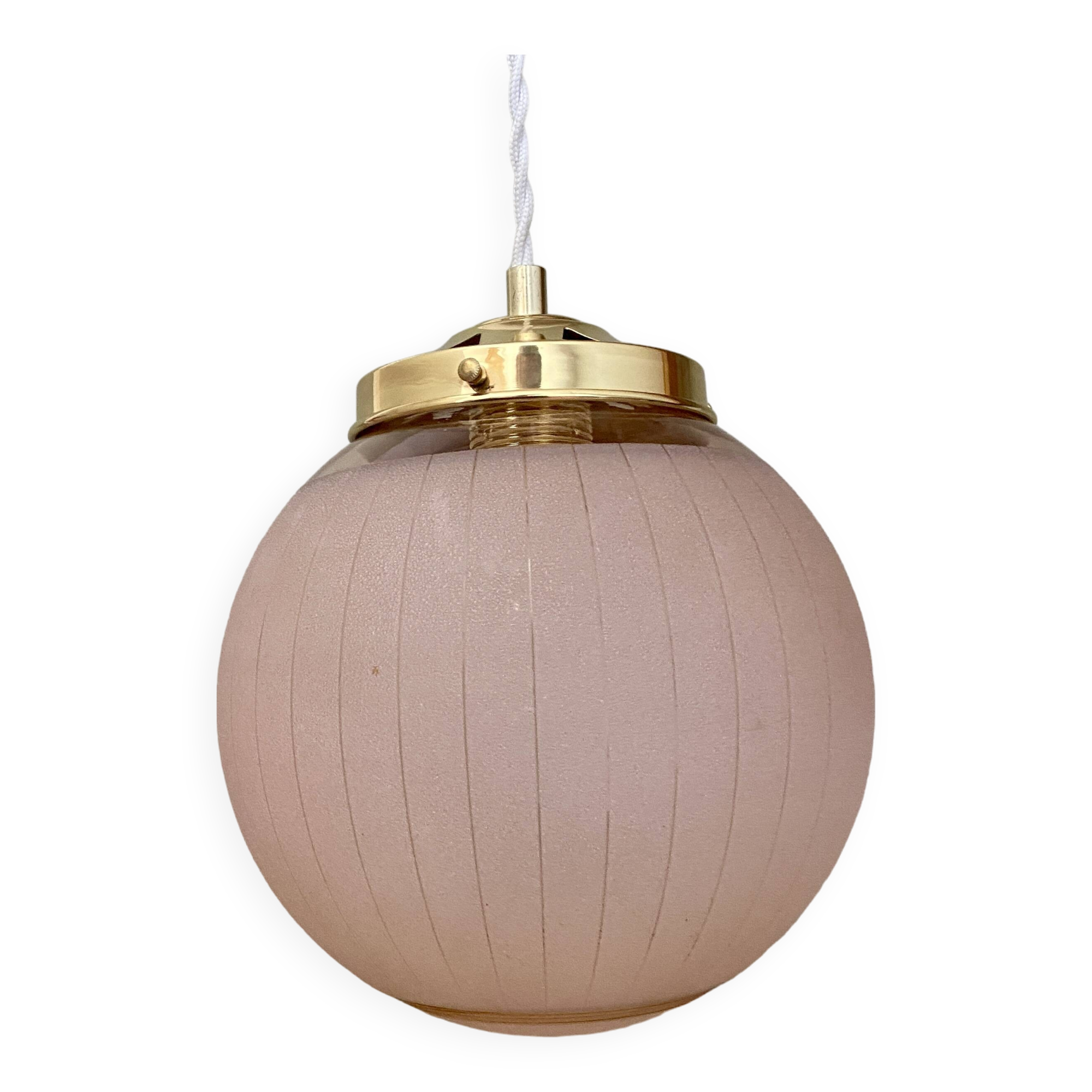 Vintage art deco globe pendant light in pink and gold granite glass