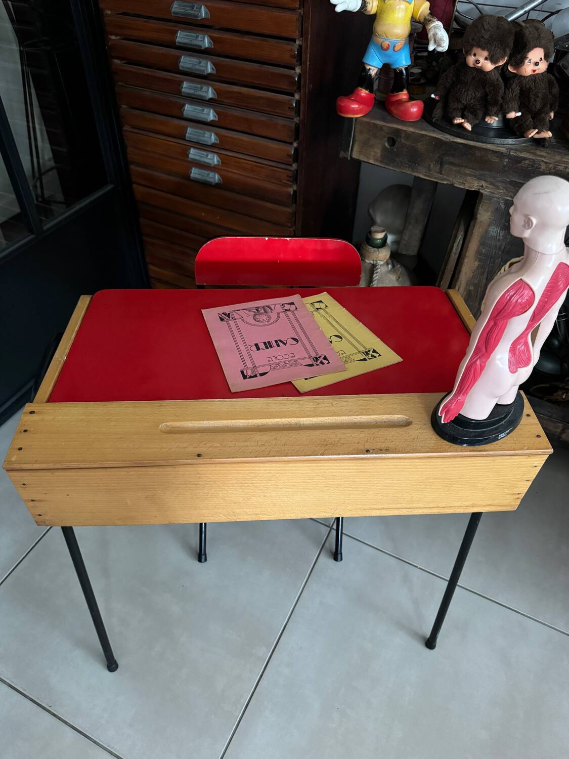 Vintage red children's desk and chair set