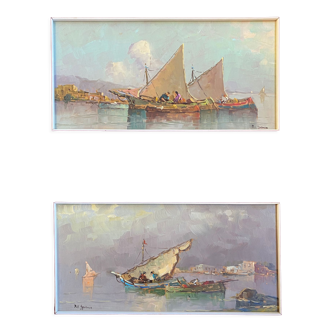 Pendant de tableaux "Bateaux à voiles Felouks Gondoles" signés Orientalistes