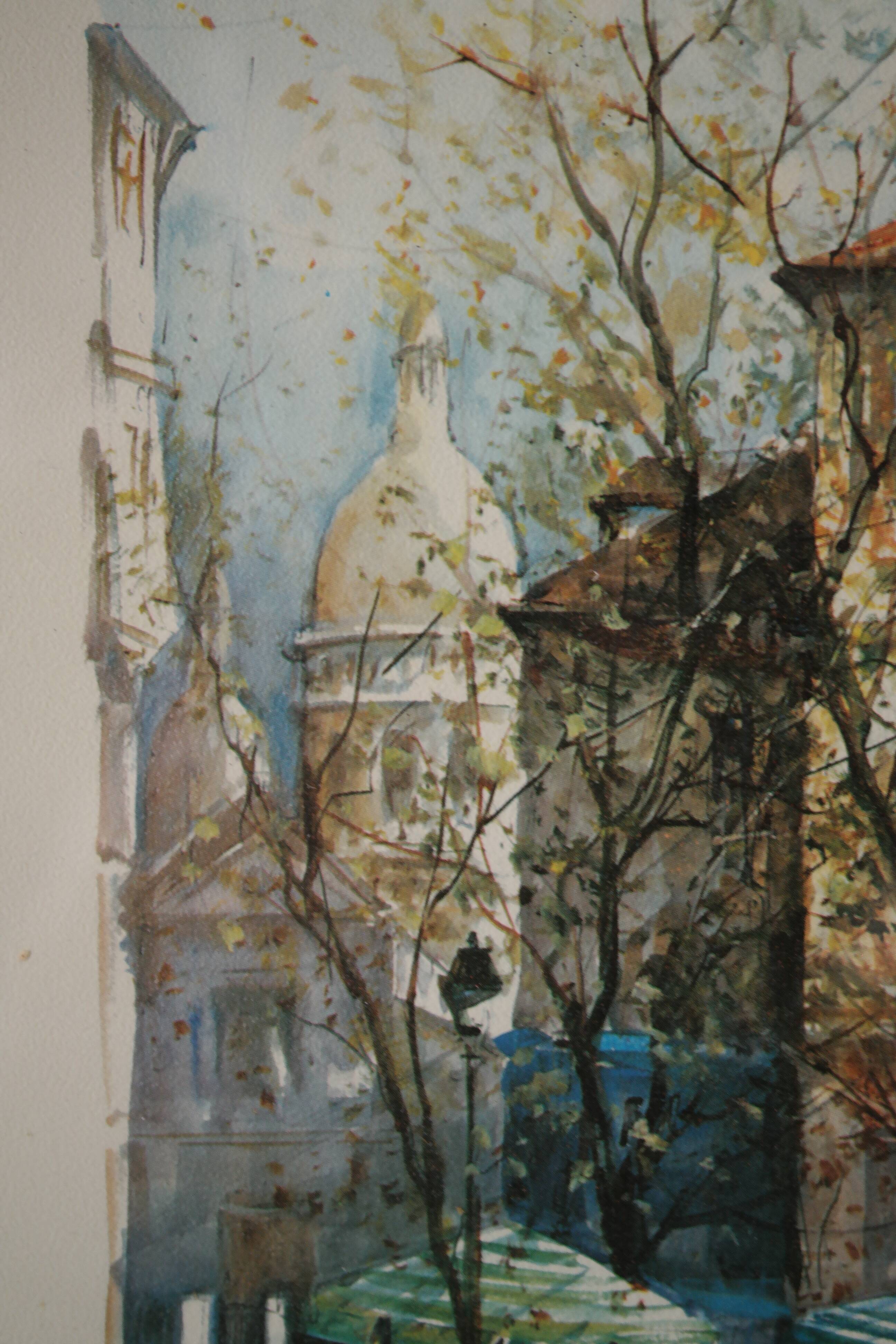 Lithograph gilded frame Paris place du Tertre vintage