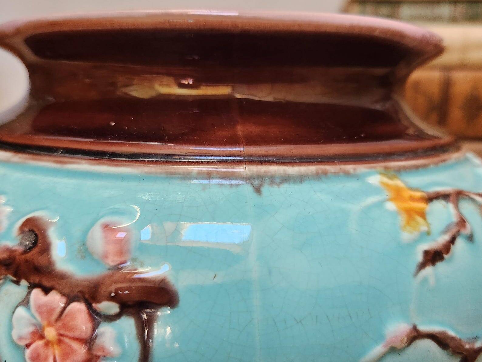 Antique French Barbotine Planter Art Nouveau Japanese Style Bird and Fan