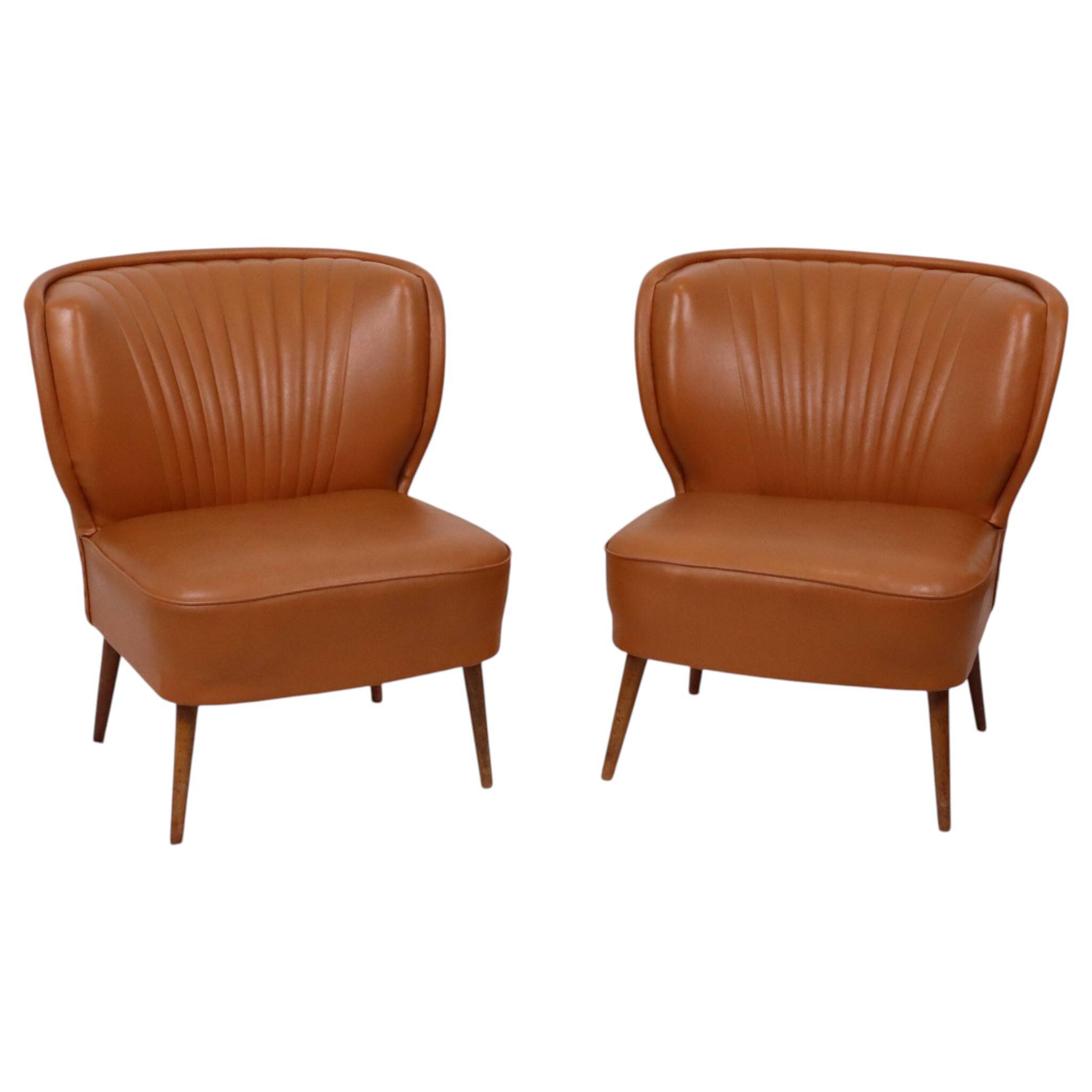 Pair of Vintage Expo 58 Cocktail Chairs, Cognac Faux Leather, Sixties