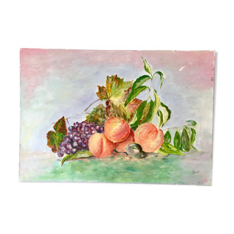 Tableau ancien huile sur toile nature morte fruits vintage