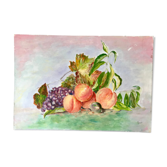 Old oil on canvas still life painting vintage fruits