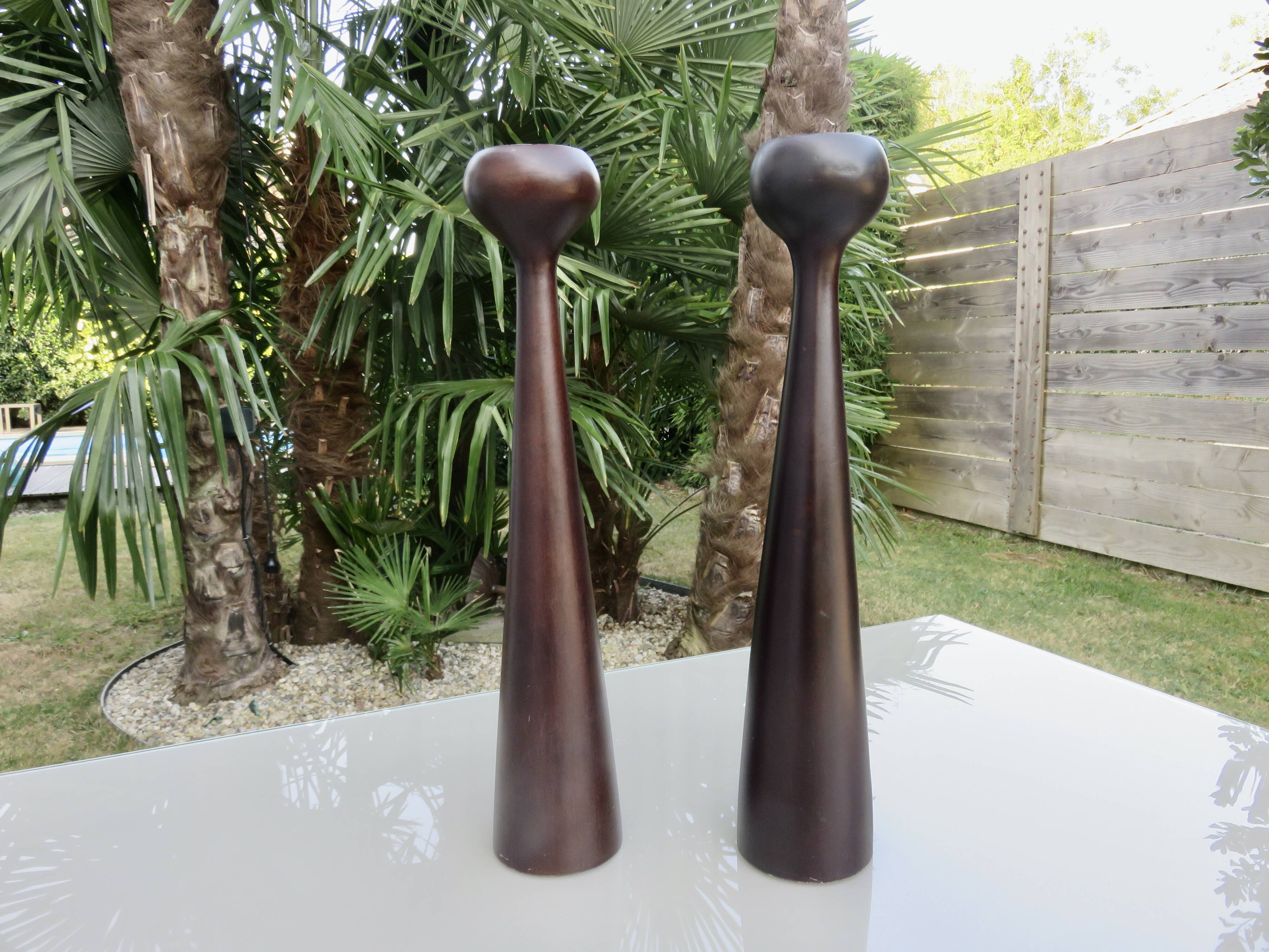 Pair of large Scandinavian teak candlesticks, vintage 1960.