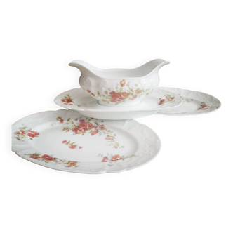 Saucière +2 Raviers Porcelaine Limoges Lafarge /Déco Champêtre Floral