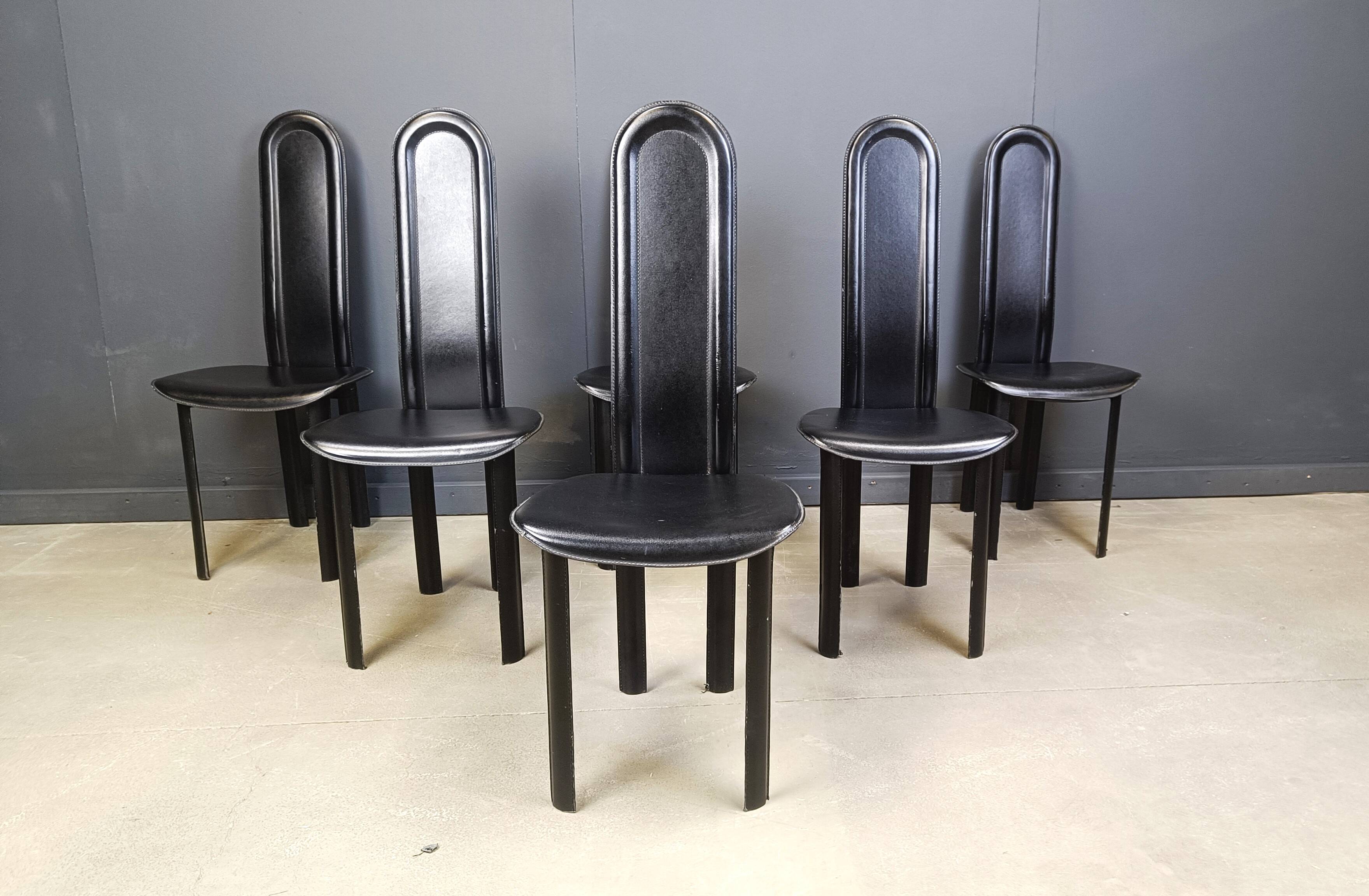 Set of 6 high back leather dining chairs, 1980s