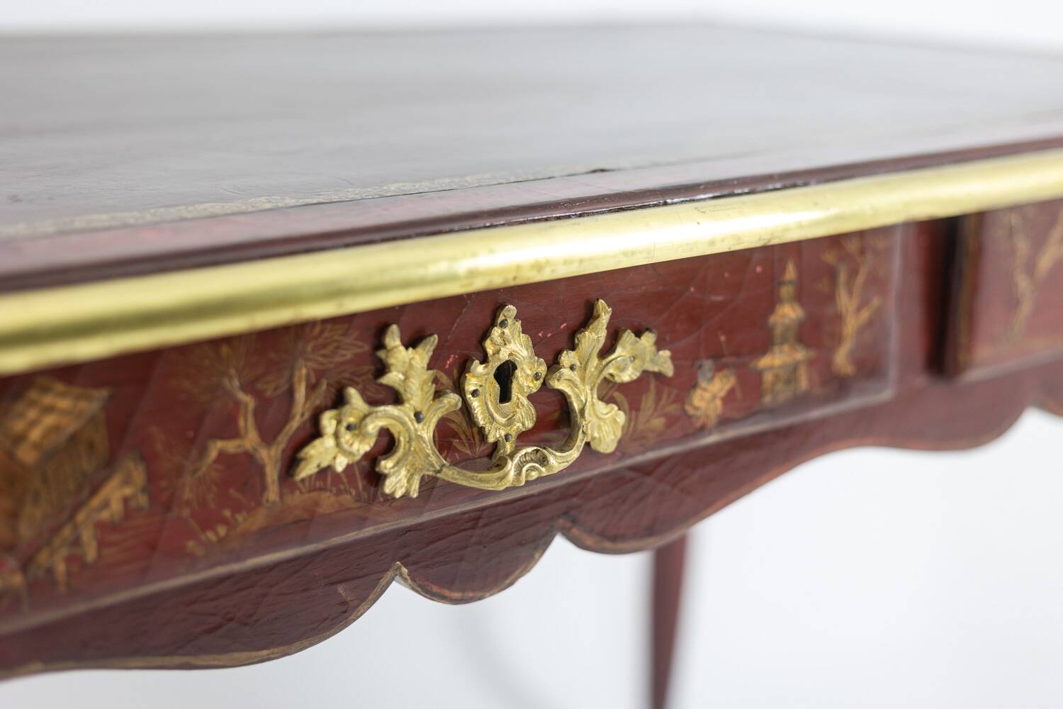 Louis XV style bureau plat with lake scene decoration. Circa 1850.