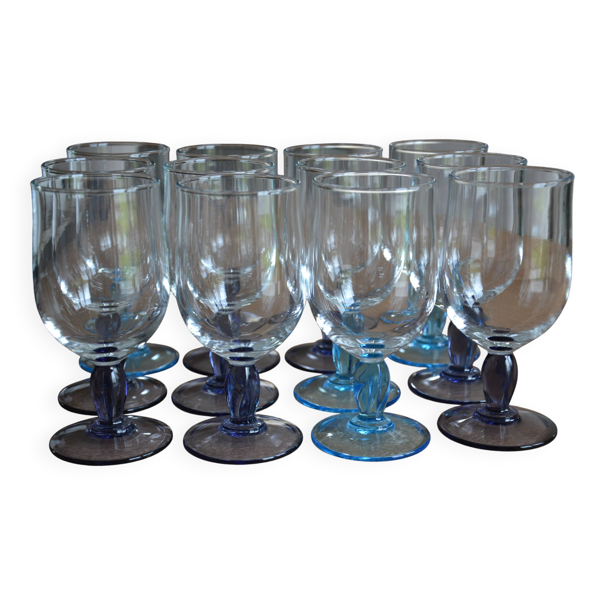 12 blue and purple stemmed glasses