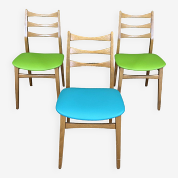 Lot de 3 chaises hêtre et skaï rk années 70