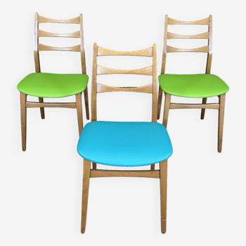 Set of 3 beech and skai rk chairs from the 70s