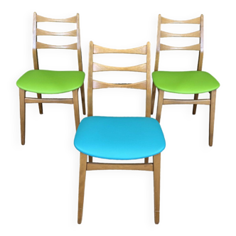 Set of 3 beech and skai rk chairs from the 70s