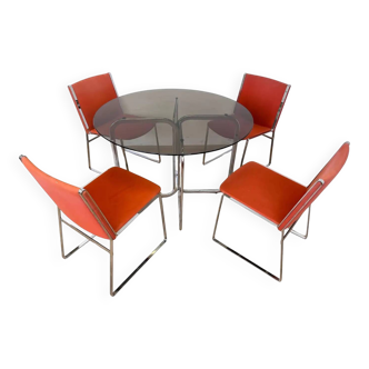 Set of mid-century design chrome dining chairs and table, 1970s