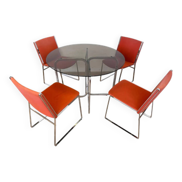 Set of mid-century design chrome dining chairs and table, 1970s