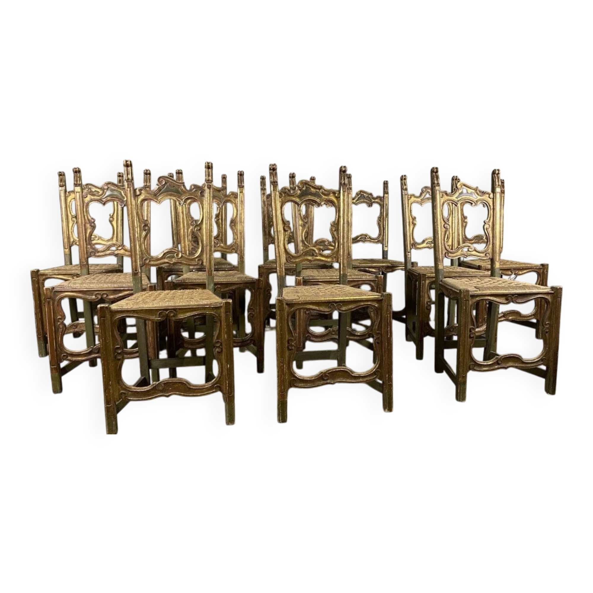 Set of 12 carved wooden chairs, Italy