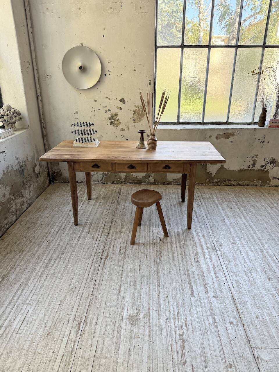 1950s pine and oak farmhouse table with multiple drawers