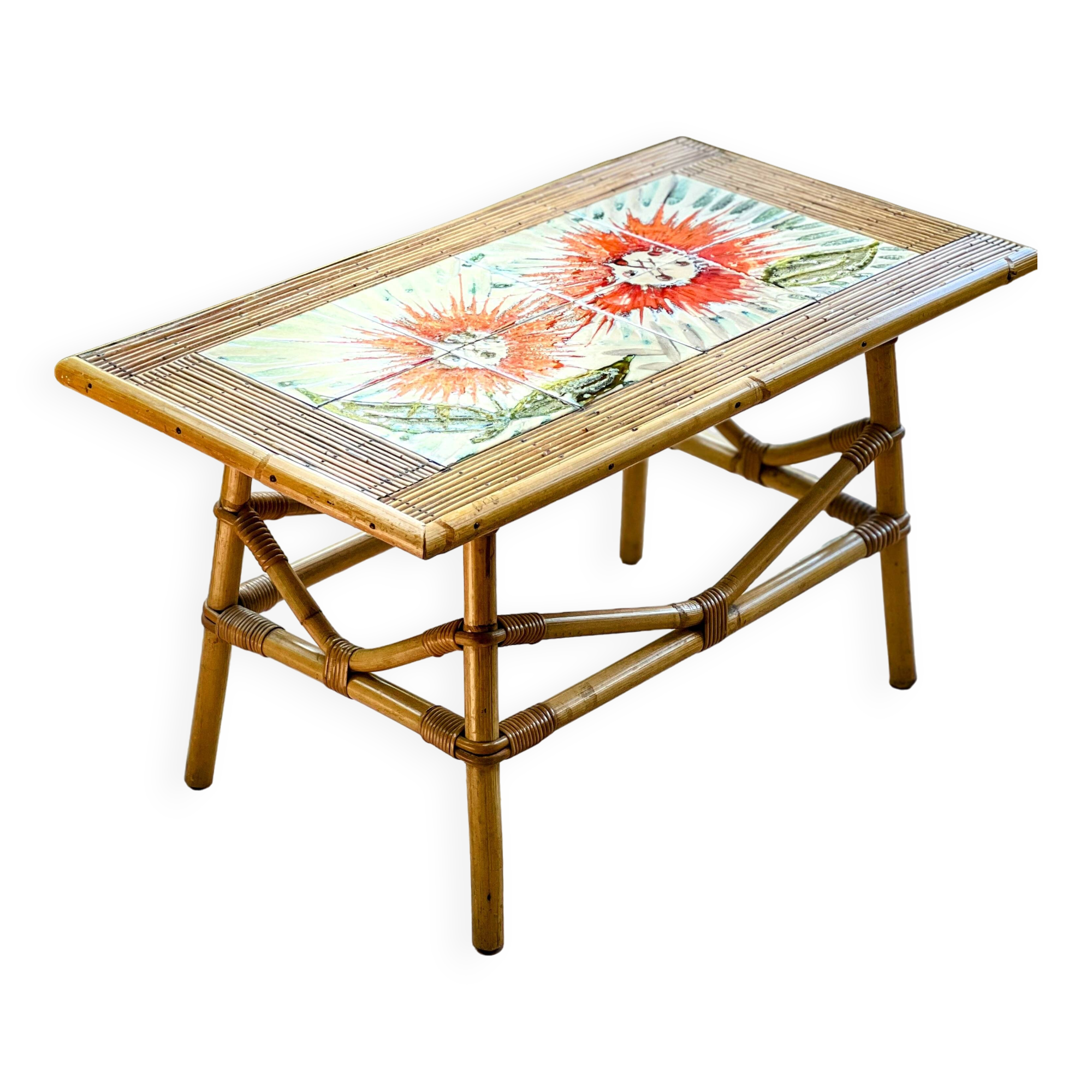 Rattan and ceramic coffee table leduc vallauris