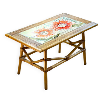 Rattan and ceramic coffee table leduc vallauris