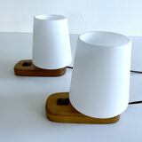 Paire de lampes scandinaves vintage, bois et verre