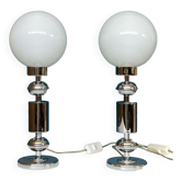 Pair of table lamps in stainless steel and white opaline globe vintage bedside desk lamp