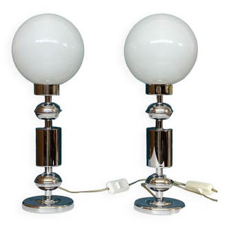 Pair of table lamps in stainless steel and white opaline globe vintage bedside desk lamp