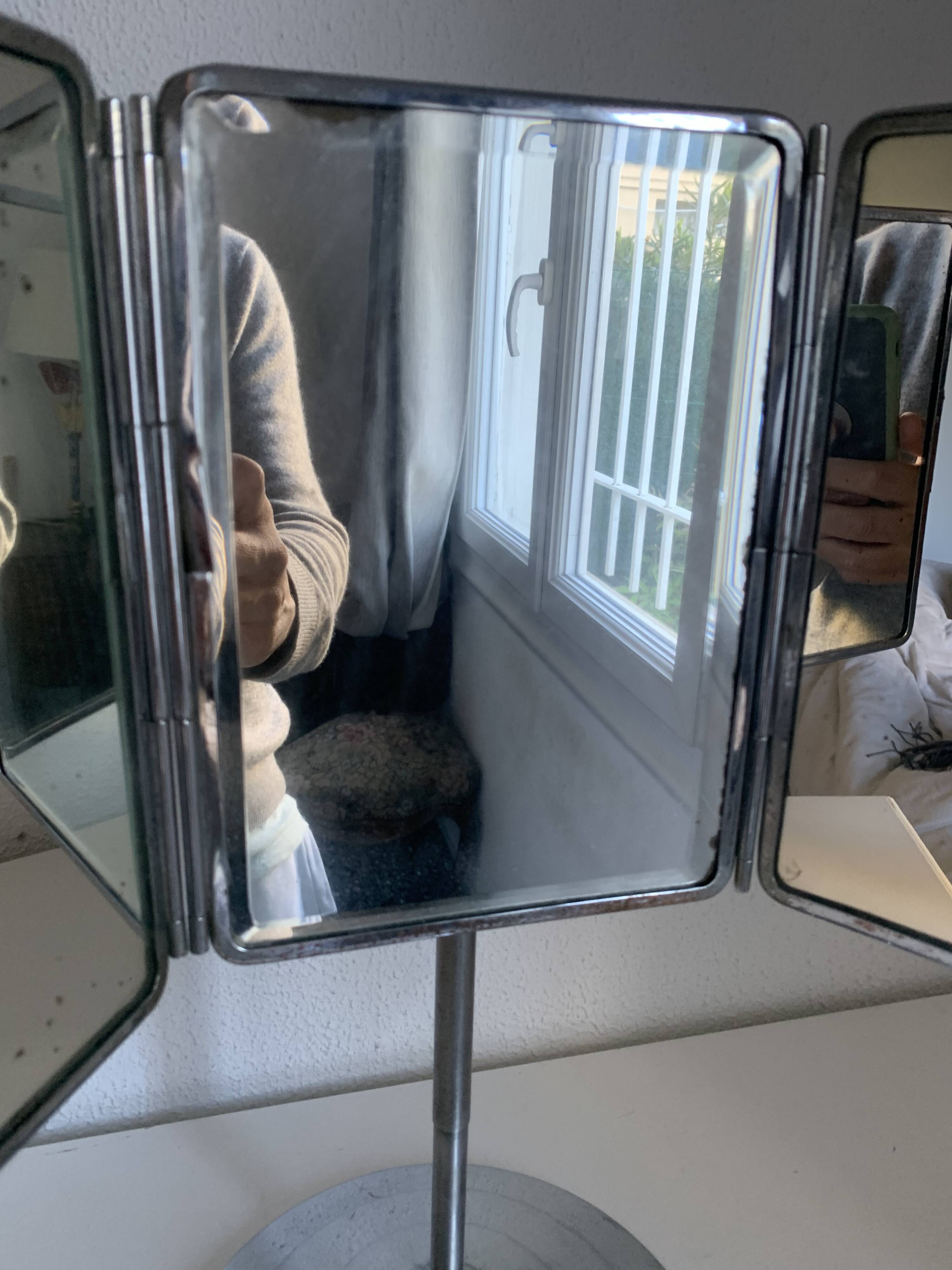 Vintage 1940 triptych barber mirror with bevelled foot - 40 x 35 cm