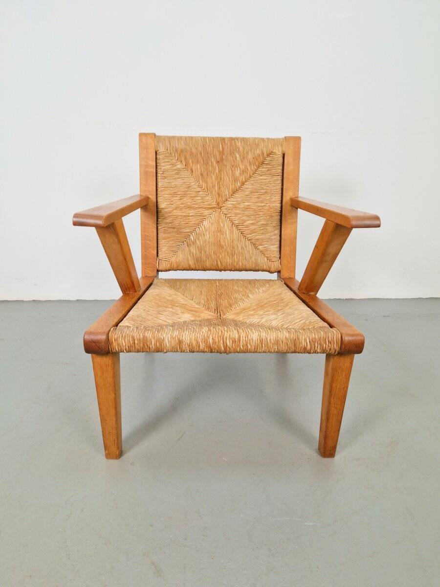 Chaises en bois brutalistes modernistes en paille, années 1940, ensemble de 3