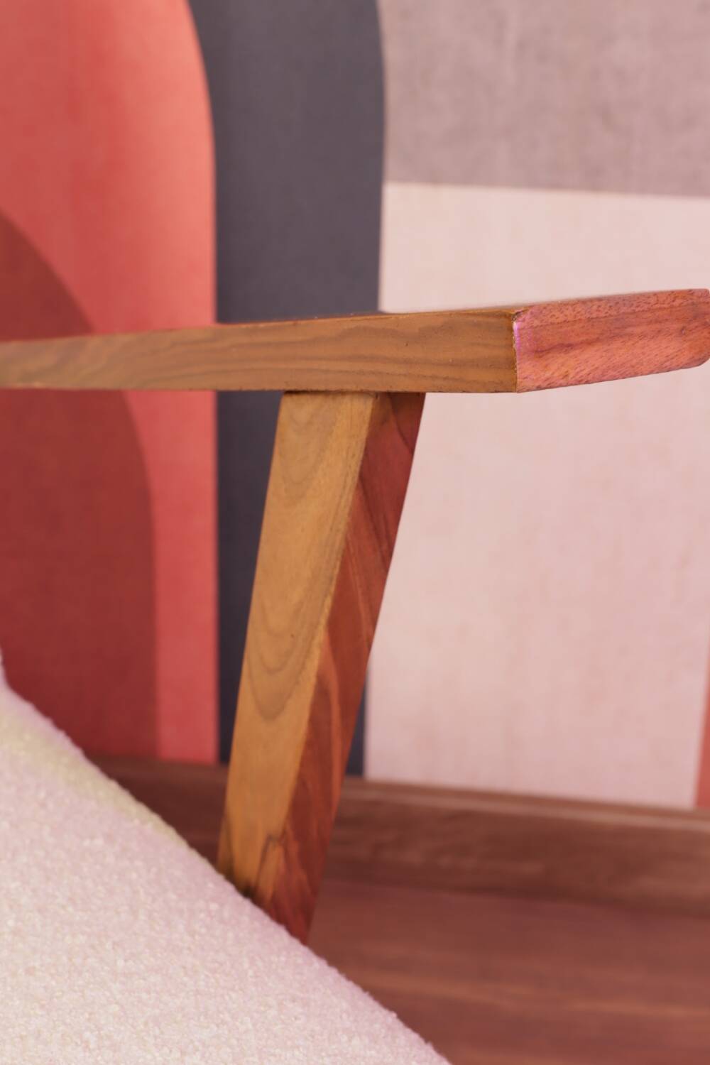 Vintage beige bouclé armchair with walnut wood from the 1950s.