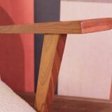 Vintage beige bouclé armchair with walnut wood from the 1950s.