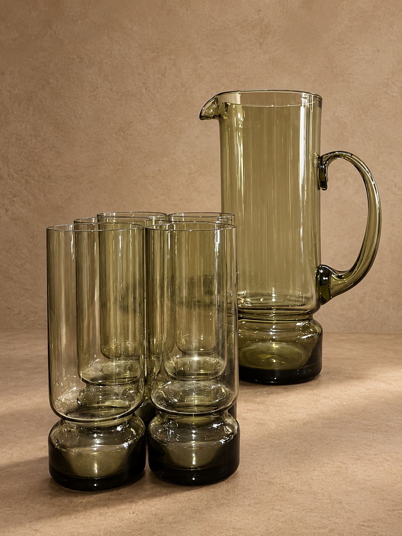 Vintage service in olive green tinted glass, Czechoslovakia, circa 1970.