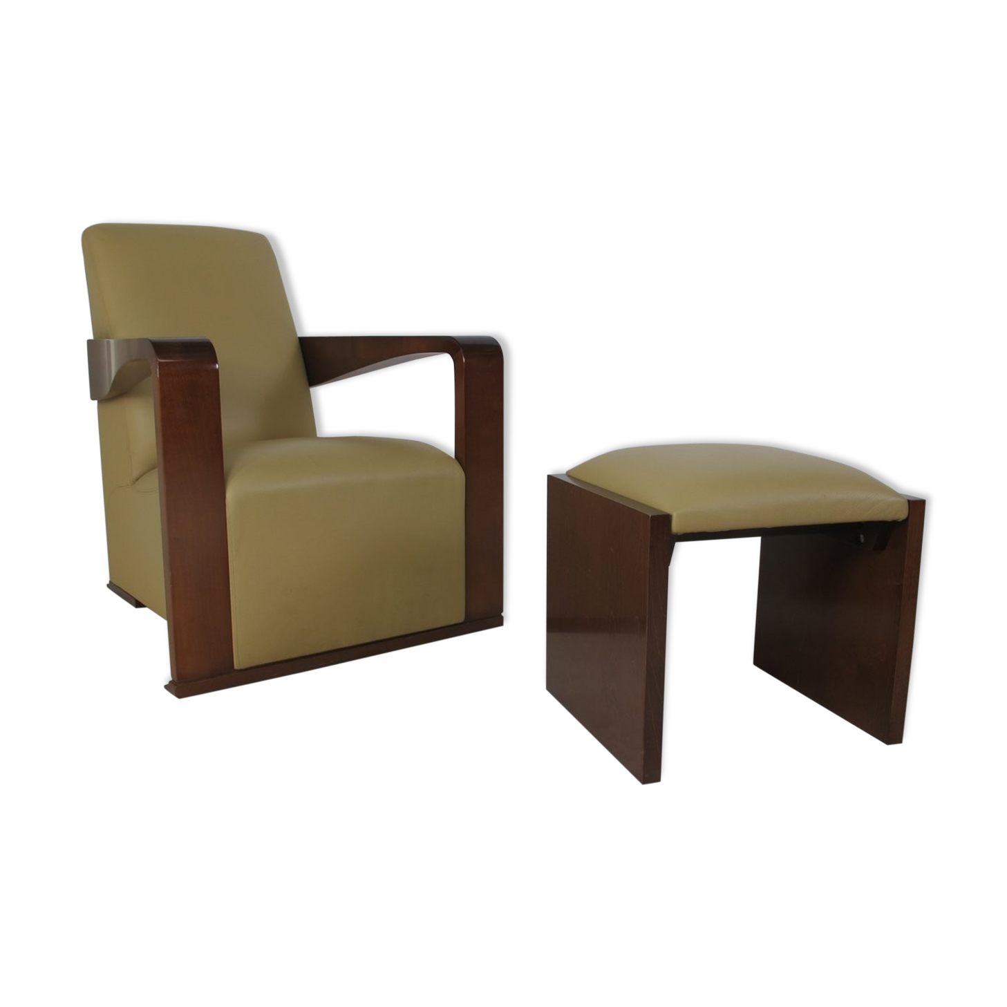 Leather armchair and art deco wood with Oottoman by Hugues Chevalier 2000s