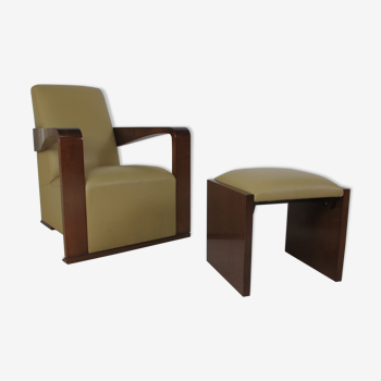 Leather armchair and art deco wood with Oottoman by Hugues Chevalier 2000s