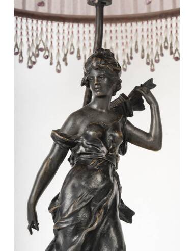 Art Nouveau style lamp with bronze sculpture and glass shade