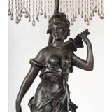 Art Nouveau style lamp with bronze sculpture and glass shade