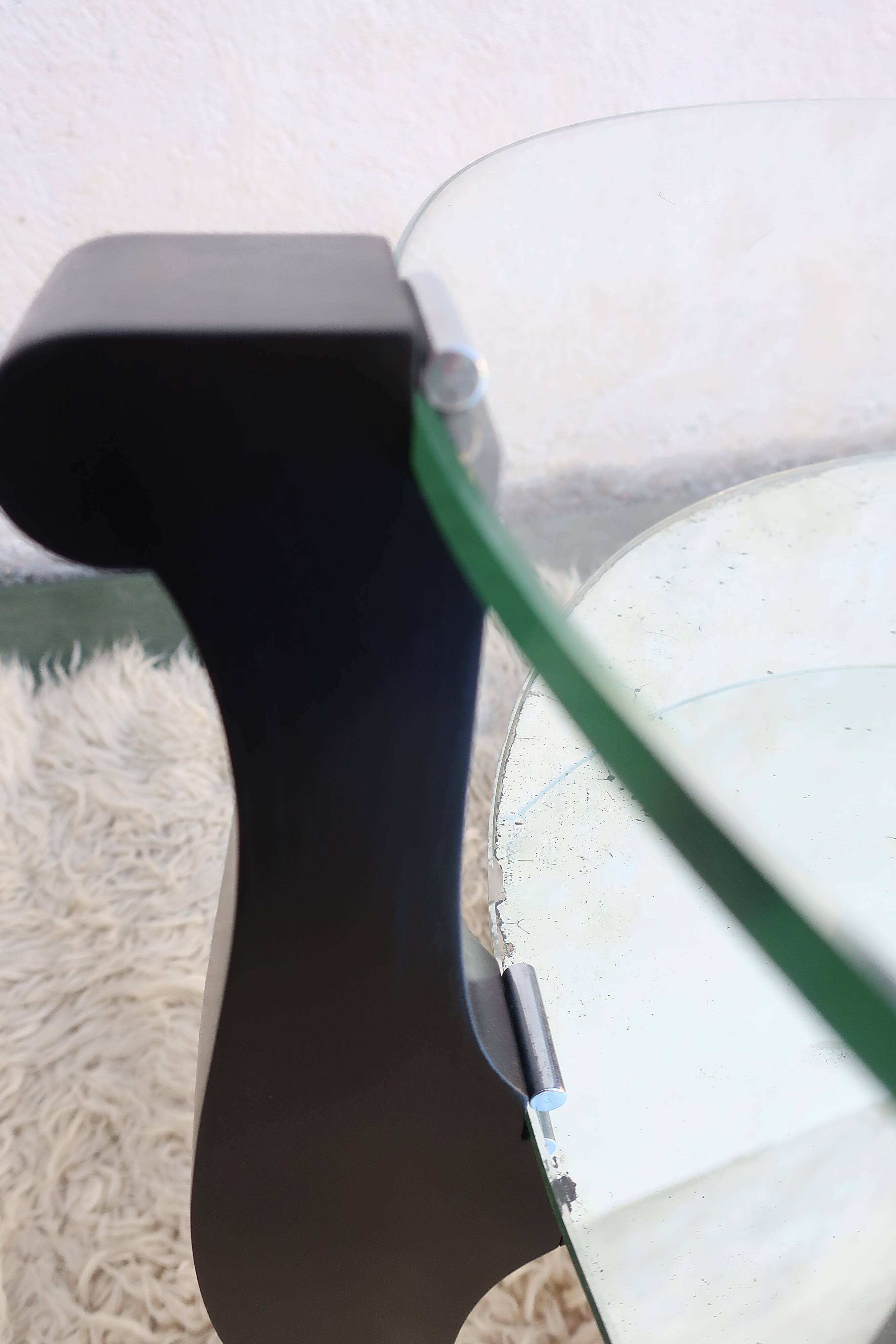 Low art deco pedestal table 1930/1940 in black wood, glass and mirror